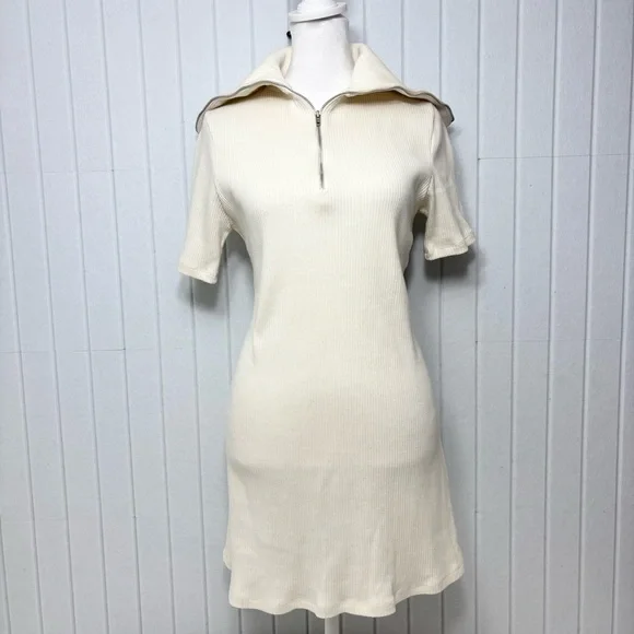 ZARA Sweater Dress Ivory Short Sleeves Quarter Zip Ribbed Knit Size Size M - Picture 9 of 11